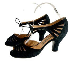 Maud Frizon Vintage Black Suede Open Toe Cutout Heels Lace Up 38.5